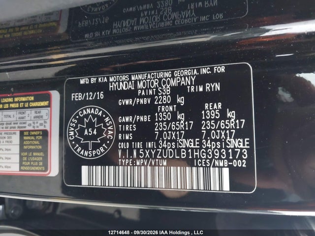 5XYZUDLB1HG393173 Hyundai Santa Fe Sport 2.4 Se