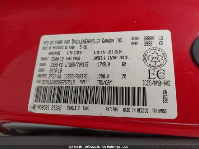 12714649 :رقم المزاد ، 3D7KS29D56G263518 vin ، 2006 Dodge Ram 2500 Laramie/slt مزاد بيع