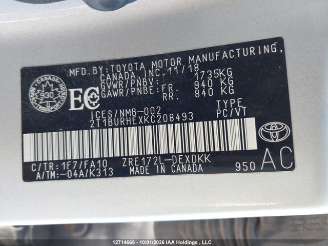 2019 Toyota Corolla L/le/xle/se/xse მანქანა იყიდება აუქციონზე, vin: 2T1BURHEXKC208493, აუქციონის ნომერი: 12714666