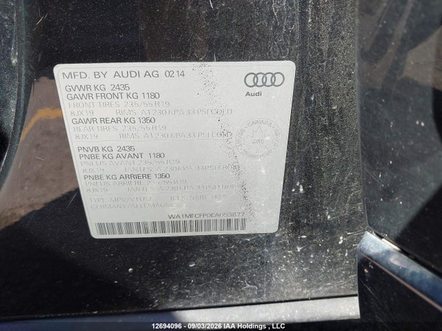 2014 Audi Q5 2.0 Progressiv მანქანა იყიდება აუქციონზე, vin: WA1MFCFP0EA093877, აუქციონის ნომერი: 12694096