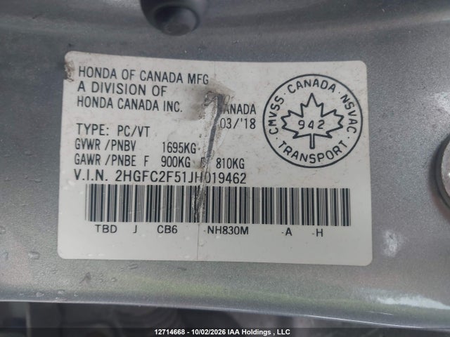12714668 :رقم المزاد ، 2HGFC2F51JH019462 vin ، 2018 Honda Civic Lx مزاد بيع
