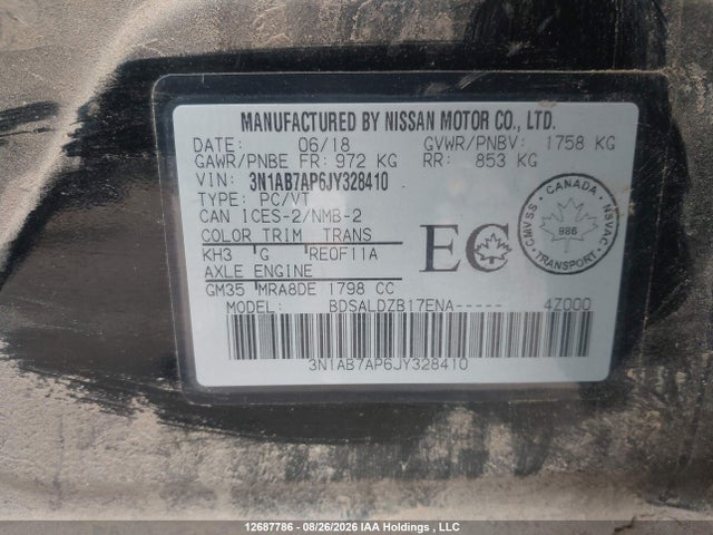 Aukcja sprzedaży 2018 Nissan Sentra 1.8 S/1.8 Sv/1.8 Sv Midnight Edition, vin: 3N1AB7AP6JY328410, numer aukcji: 12687786