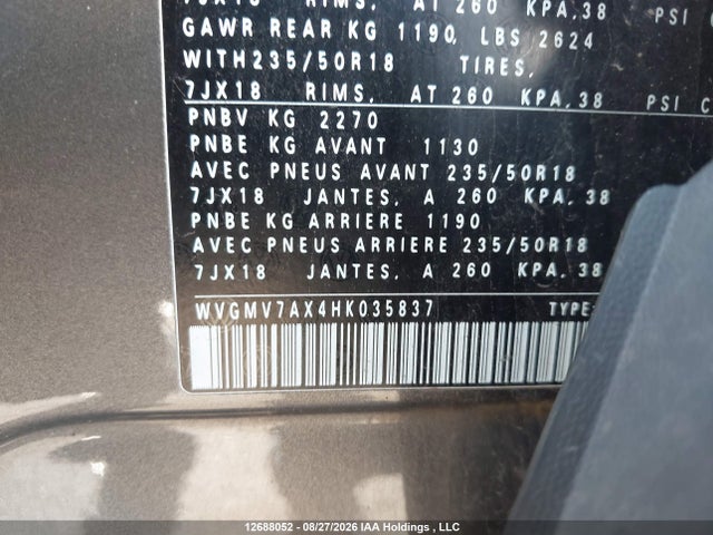 12688052 :رقم المزاد ، WVGMV7AX4HK035837 vin ، 2017 Volkswagen Tiguan Comfortline مزاد بيع