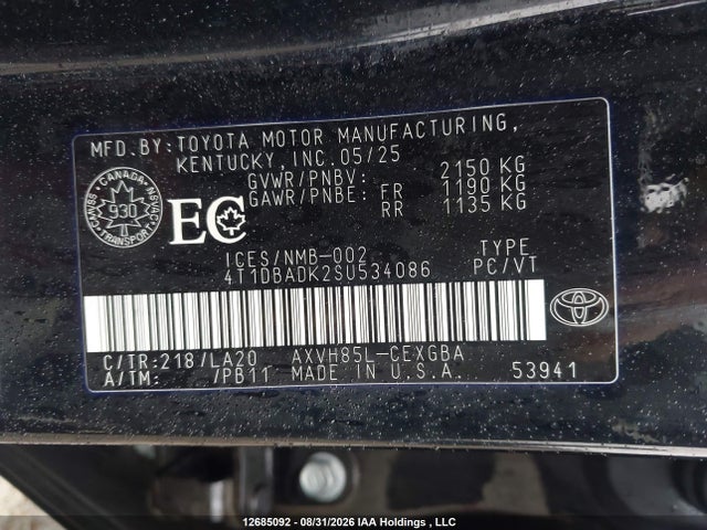 Toyota CAMRY XLE 2025 4T1DBADK2SU534086 Image 9