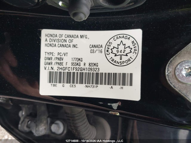2016 Honda Civic Touring მანქანა იყიდება აუქციონზე, vin: 2HGFC1F92GH109323, აუქციონის ნომერი: 12714688