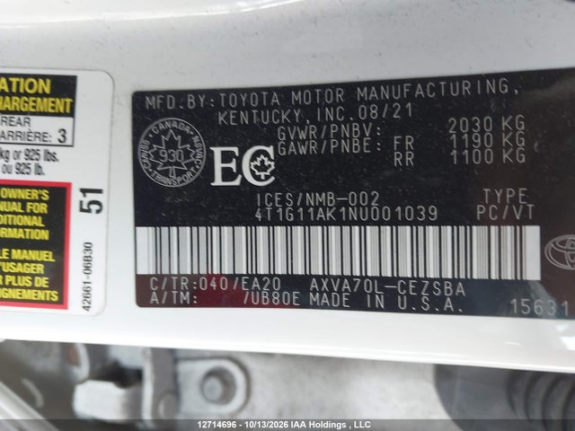 4T1G11AK1NU001039 Toyota CAMRY SE