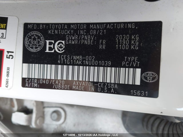 4T1G11AK1NU001039 Toyota CAMRY SE