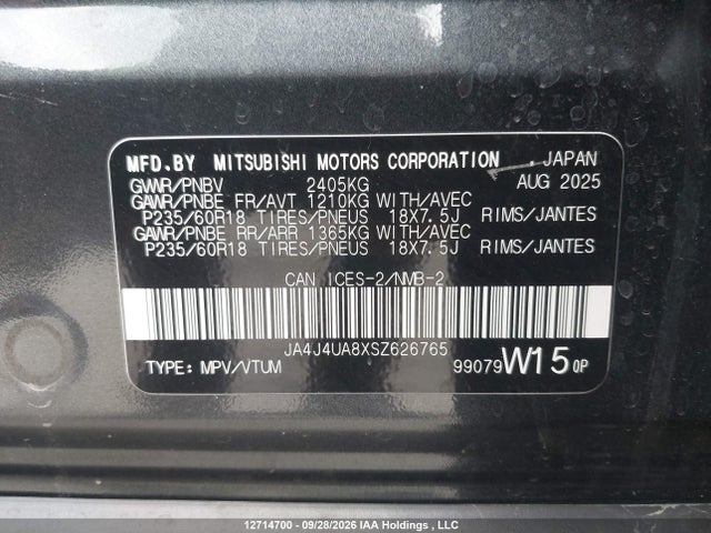 2025 Mitsubishi Outlander Es მანქანა იყიდება აუქციონზე, vin: JA4J4UA8XSZ626765, აუქციონის ნომერი: 12714700
