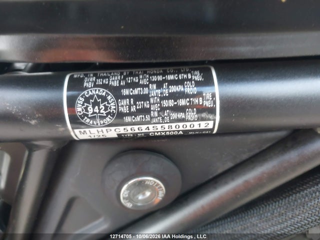 Продажа на аукционе авто 2025 Honda Cmx500 A, vin: MLHPC5664S5800012, номер лота: 12714705