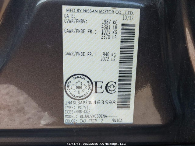 12714713 :رقم المزاد ، 1N4BL3AP3DN463598 vin ، 2013 Nissan Altima 3.5 Sl/3.5 Sv مزاد بيع