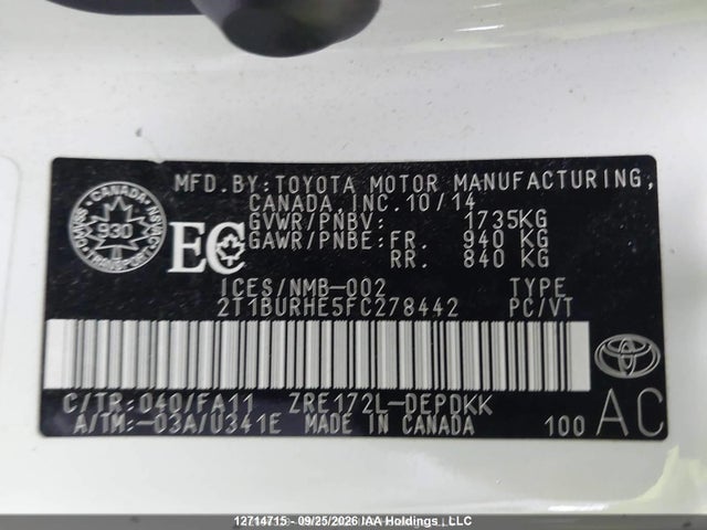 Aukcja sprzedaży 2015 Toyota Corolla Ce, vin: 2T1BURHE5FC278442, numer aukcji: 12714715