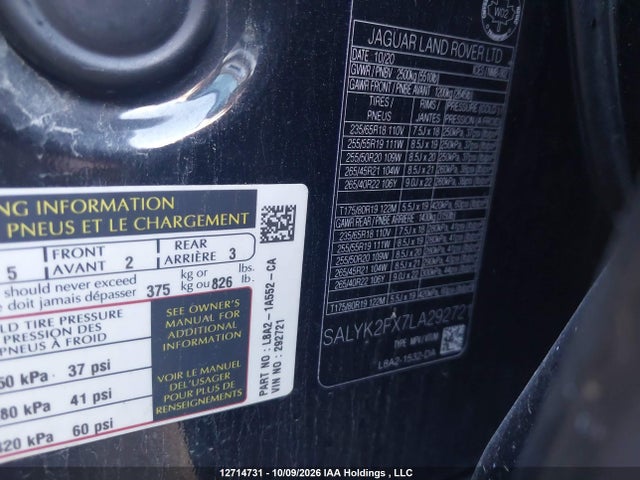 12714731 :رقم المزاد ، SALYK2FX7LA292721 vin ، 2020 Land Rover Range Rover Velar P300 R-dynamic S مزاد بيع