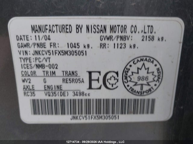 Aukcja sprzedaży 2005 Infiniti G35x, vin: JNKCV51FX5M305051, numer aukcji: 12714734