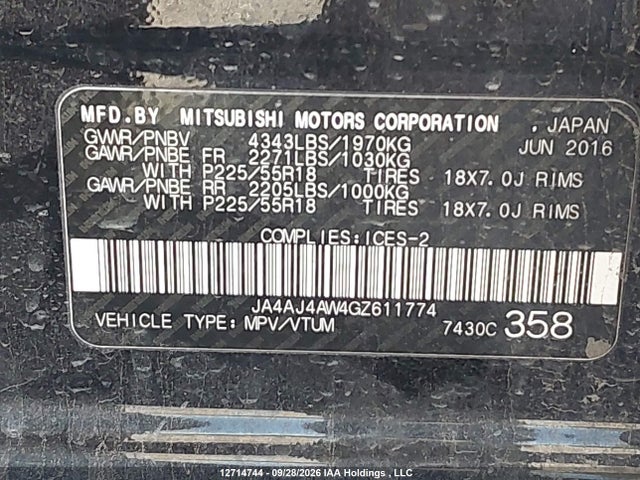 Auction sale of the 2016 Mitsubishi Rvr Gt, vin: JA4AJ4AW4GZ611774, lot number: 12714744