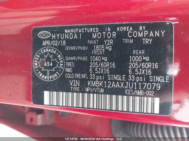 12714752 :رقم المزاد ، KM8K12AAXJU117079 vin ، 2018 Hyundai Kona Se مزاد بيع