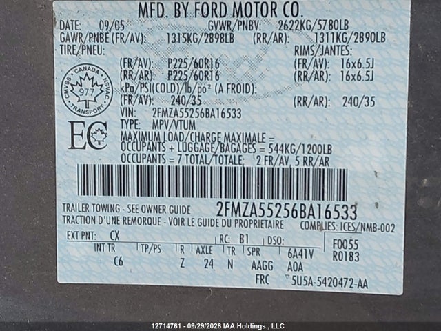2006 Ford Freestar Se მანქანა იყიდება აუქციონზე, vin: 2FMZA55256BA16533, აუქციონის ნომერი: 12714761