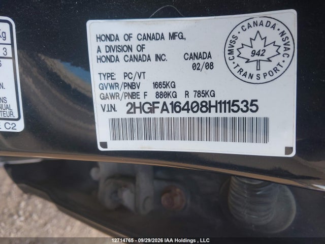 Продажа на аукционе авто 2008 Honda Civic Dx-g, vin: 2HGFA16408H111535, номер лота: 12714765