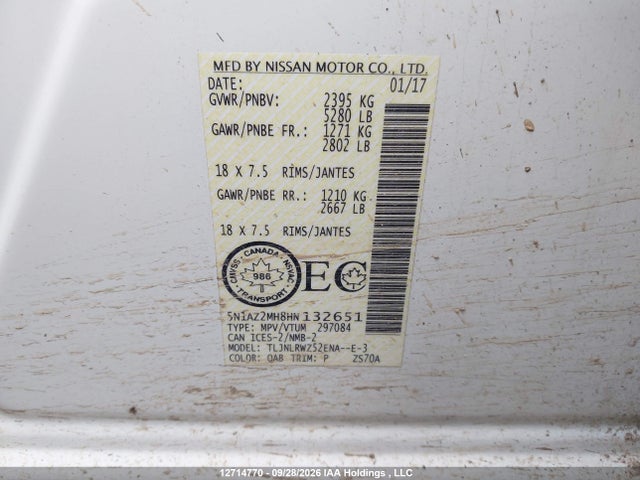 12714770 :رقم المزاد ، 5N1AZ2MH8HN132651 vin ، 2017 Nissan Murano S/sl/sv/platinum مزاد بيع
