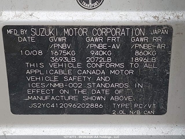 Aukcja sprzedaży 2009 Suzuki Sx4, vin: JS2YC412096202886, numer aukcji: 12714773