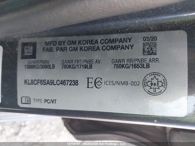 12714787 :رقم المزاد ، KL8CF6SA9LC467238 vin ، 2020 Chevrolet Spark 2lt Cvt مزاد بيع