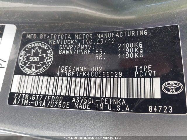 12714790 :رقم المزاد ، 4T1BF1FK4CU566029 vin ، 2012 Toyota Camry Se/le/xle مزاد بيع