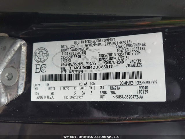 12714801 :رقم المزاد ، 1FMCU9G94DUC88917 vin ، 2013 Ford Escape Se مزاد بيع