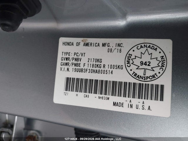 12714824 :رقم المزاد ، 19UUB3F30HA800514 vin ، 2017 Acura Tlx مزاد بيع
