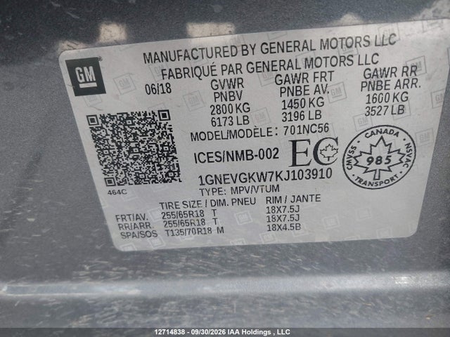 12714838 :رقم المزاد ، 1GNEVGKW7KJ103910 vin ، 2019 Chevrolet Traverse Lt مزاد بيع