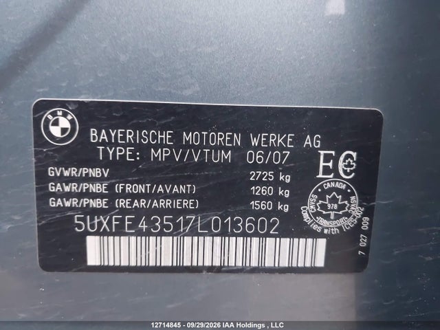 Aukcja sprzedaży 2007 Bmw X5 3.0i, vin: 5UXFE43517L013602, numer aukcji: 12714845