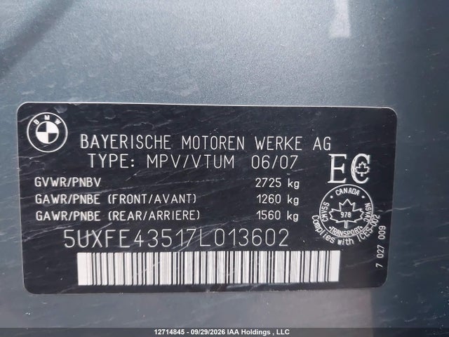 Aukcja sprzedaży 2007 Bmw X5 3.0i, vin: 5UXFE43517L013602, numer aukcji: 12714845