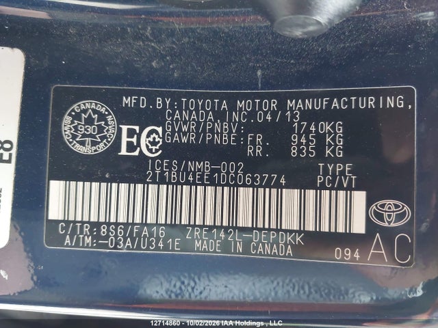 Auction sale of the 2013 Toyota Corolla Ce, vin: 2T1BU4EE1DC063774, lot number: 12714860