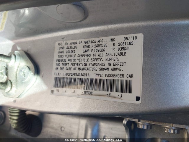 Auction sale of the 2010 Honda Accord Ex-l, vin: 1HGCP2F87AA140111, lot number: 12714861