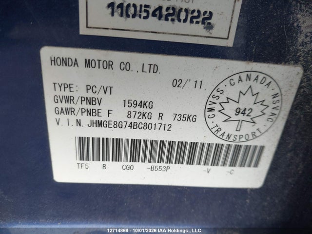Продажа на аукционе авто 2011 Honda Fit, vin: JHMGE8G74BC801712, номер лота: 12714868