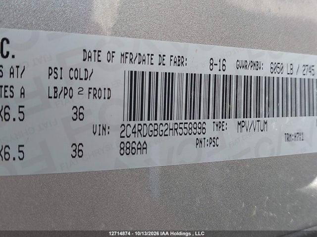 12714874 :رقم المزاد ، 2C4RDGBG2HR558996 vin ، 2017 Dodge Grand Caravan مزاد بيع