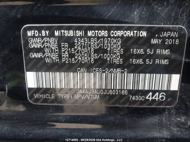 2018 Mitsubishi Rvr Se მანქანა იყიდება აუქციონზე, vin: JA4AJ3AU0JU603166, აუქციონის ნომერი: 12714892