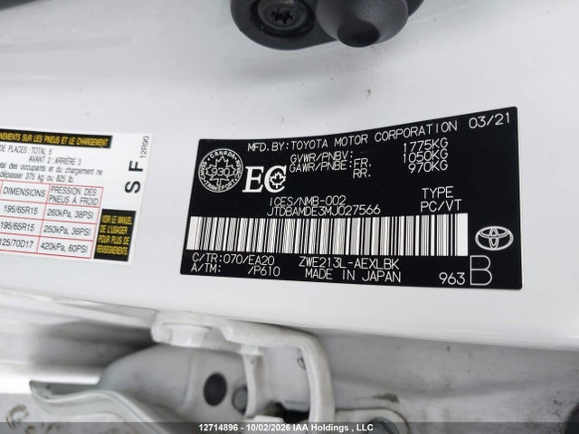 Продаж на аукціоні авто 2021 Toyota Corolla, vin: JTDBAMDE3MJ027566, номер лоту: 12714896