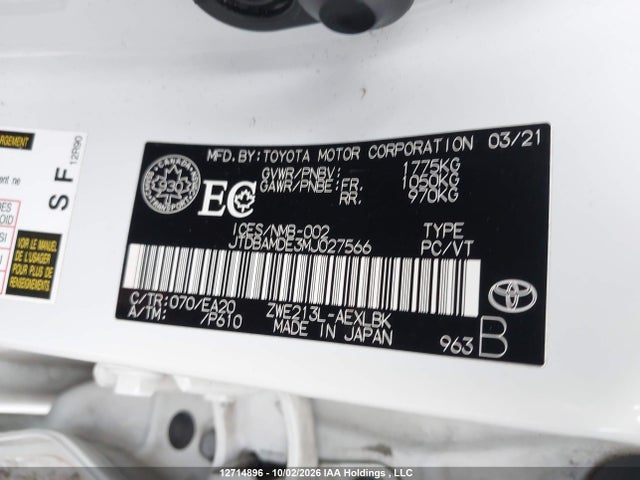 Продаж на аукціоні авто 2021 Toyota Corolla, vin: JTDBAMDE3MJ027566, номер лоту: 12714896