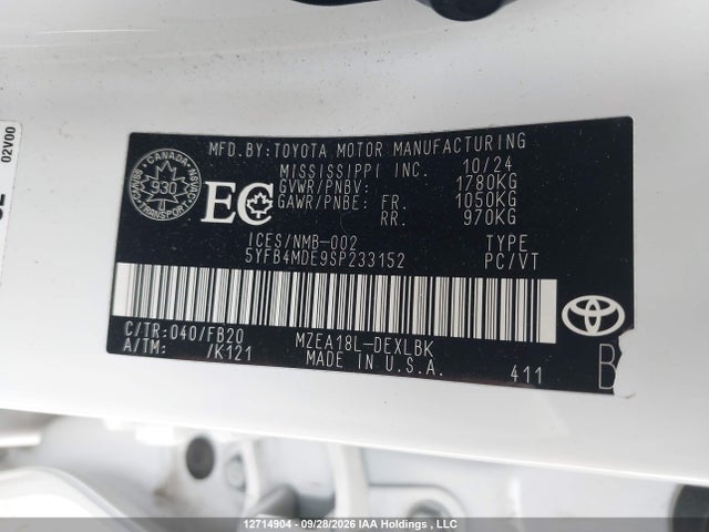 2025 Toyota Corolla Le მანქანა იყიდება აუქციონზე, vin: 5YFB4MDE9SP233152, აუქციონის ნომერი: 12714904