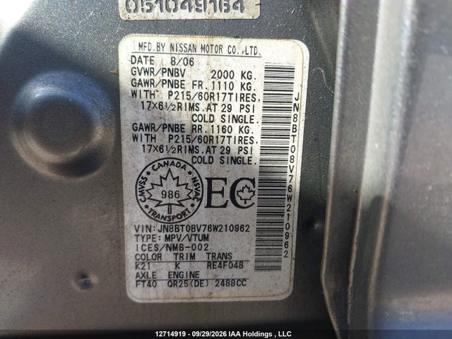 Aukcja sprzedaży 2006 Nissan X-trail, vin: JN8BT08V76W210962, numer aukcji: 12714919
