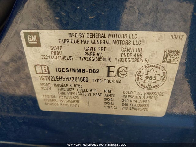 Aukcja sprzedaży 2017 Gmc Sierra 1500, vin: 1GTV2LEH5HZ281669, numer aukcji: 12714934