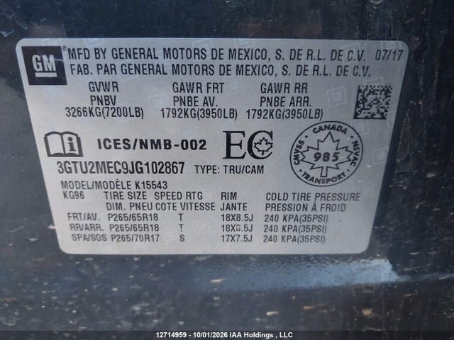 Продажа на аукционе авто 2018 Gmc Sierra 1500 Sle, vin: 3GTU2MEC9JG102867, номер лота: 12714959
