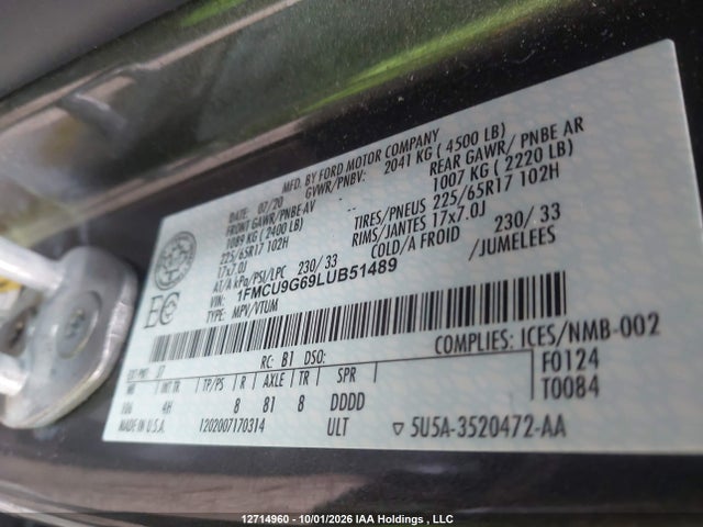 12714960 :رقم المزاد ، 1FMCU9G69LUB51489 vin ، 2020 Ford Escape مزاد بيع