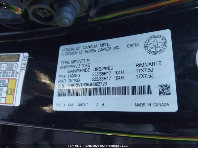 12714973 :رقم المزاد ، 2HKRW1H36JH003726 vin ، 2018 Honda Cr-v Lx مزاد بيع