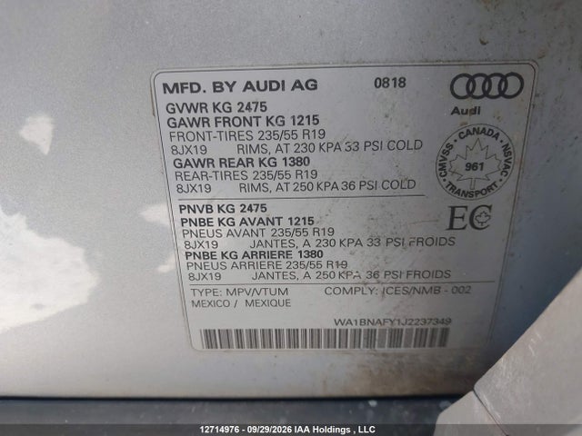 12714976 :رقم المزاد ، WA1BNAFY1J2237349 vin ، 2018 Audi Q5 2.0t Progressiv مزاد بيع