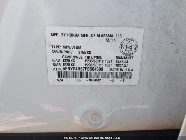 2015 Honda Pilot მანქანა იყიდება აუქციონზე, vin: 5FNYF4H67FB504699, აუქციონის ნომერი: 12714978