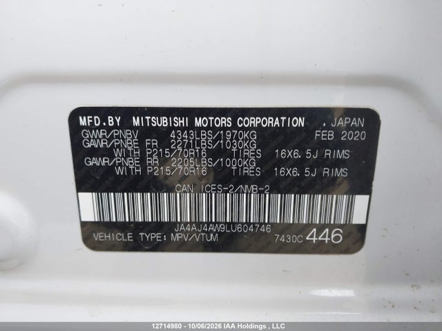 12714980 :رقم المزاد ، JA4AJ4AW9LU604746 vin ، 2020 Mitsubishi Rvr Gt/limited Edition/se/sel مزاد بيع