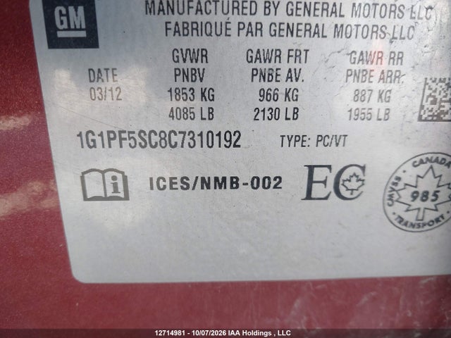 12714981 :رقم المزاد ، 1G1PF5SC8C7310192 vin ، 2012 Chevrolet Cruze Lt Turbo مزاد بيع