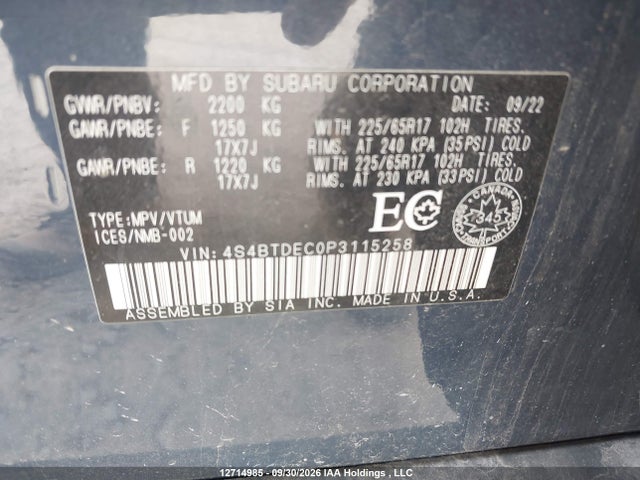 2023 Subaru Outback Touring მანქანა იყიდება აუქციონზე, vin: 4S4BTDEC0P3115258, აუქციონის ნომერი: 12714985