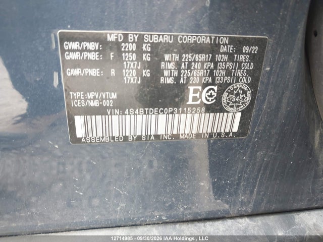 2023 Subaru Outback Touring მანქანა იყიდება აუქციონზე, vin: 4S4BTDEC0P3115258, აუქციონის ნომერი: 12714985