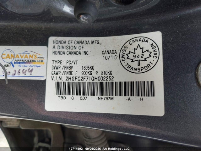 Продажа на аукционе авто 2016 Honda Civic Ex, vin: 2HGFC2F71GH002252, номер лота: 12714992